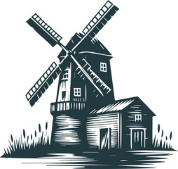 Retro mill in stencil vector drawing