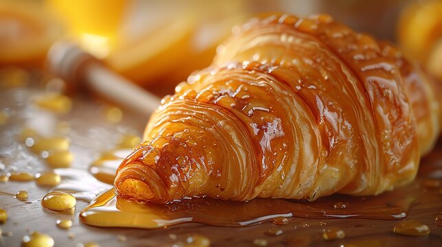 A freshly baked croissant drizzled with honey, a classic breakfast treat.