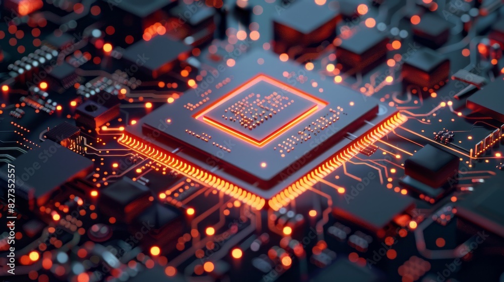 Poster a computer chip with a glowing orange center