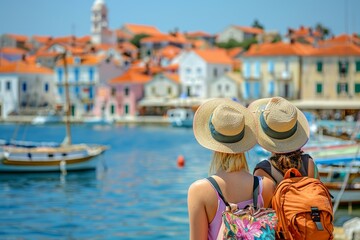 Fototapeta premium Young couple on a summer vacation delighting in the panoramic cityscape and breathtaking sea view