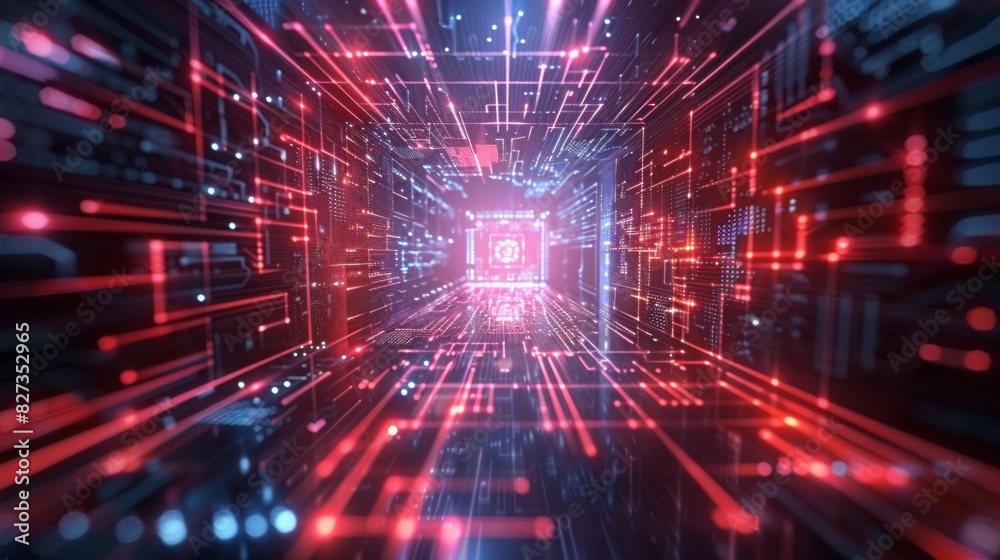 Poster a computer chip is shown in a red and blue light