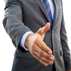 Hand Shaking Gesture: A detailed image of a hand extended for a handshake, isolated on a white background, suitable for business or agreement themes.
