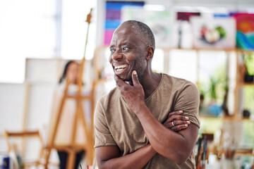 Thinking, happy and African man in art studio for painting, creativity and idea for student workshop. Professor, mature artist and career in education, university and project for college with talent