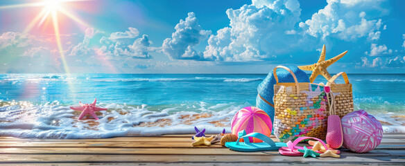 Beautiful summer background with beach accessories, flipflops and bag on a wooden table, blue sky with clouds, sun rays, and sea waves in the background