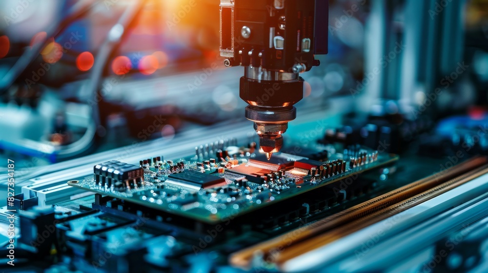 Poster a computer chip is being manufactured in a factory