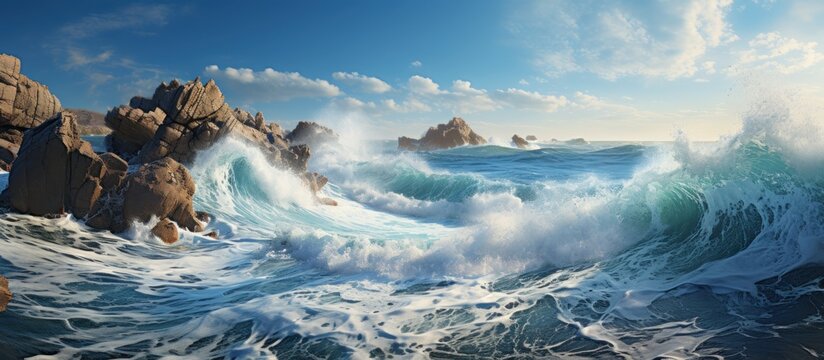 Powerful waves crashing rocks