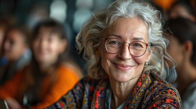 happy mature old female mentor coach supervisor training young interns at group office meeting professional workshop cheerful middle aged teacher professor laughing with students