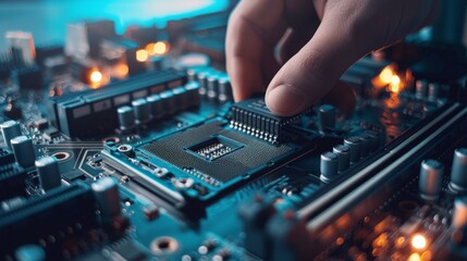 Obraz premium A person is reaching into a computer's internal components