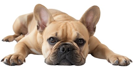 Obraz premium A studio photo of a French Bulldog, a small breed of dog with a distinctive flat-nosed face, lying down and looking at the camera with a serious expression on its face.