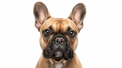 Obraz premium A studio portrait of a French Bulldog with a fawn coat and dark eyes, looking directly at the camera with a serious expression.