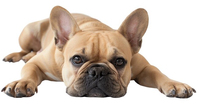 A studio photo of a French Bulldog, a small breed of dog with a distinctive flat-nosed face, lying down and looking at the camera with a serious expression on its face.