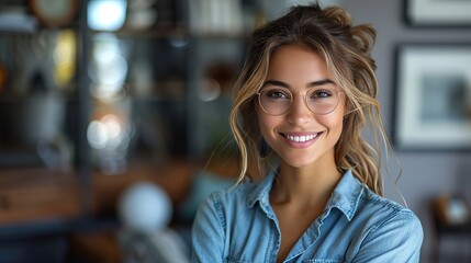 Obraz premium photo of cheerful self assured lady folded arms wear eyeglasses blue shirt isolated grey color background
