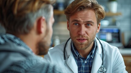 medicine healthcare and people concept doctor talking to male patient at medical office in hospital copy space