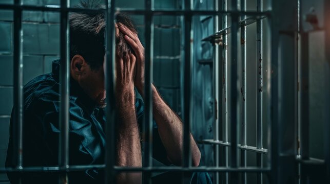 A man is sitting in a jail cell with his hands on his head