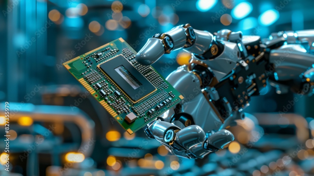 Poster a robot is holding a computer chip in its hand