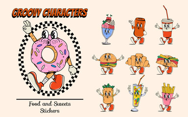 Set of characters in groovy style. Vector illustration. Junk and fast food. Psychedelic and hippie. Comic y2k. Hands. Retro poster. Drinks, fries, burger, croissant, ice cream, sandwich, coffee. 60s