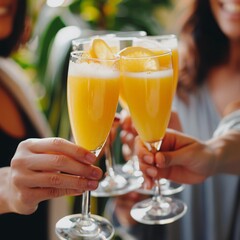 A group of people are holding glasses of orange drinks, likely mimosa, and making a toast.