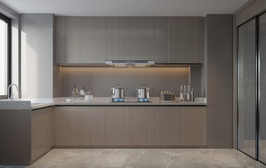 Modern Contemporary kitchen room 3d render.