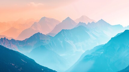 Fototapeta premium Majestic mountain landscape, focus on, bright hues, double exposure silhouette with peaks