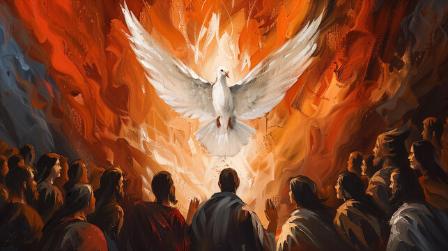 Praying people with white dove on the background of fire.