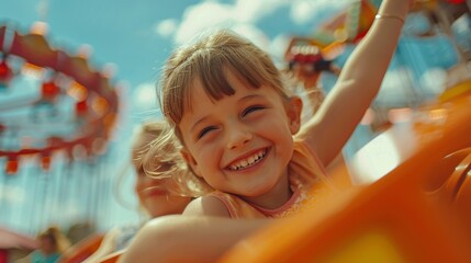 A young girl is smiling and riding a carousel
