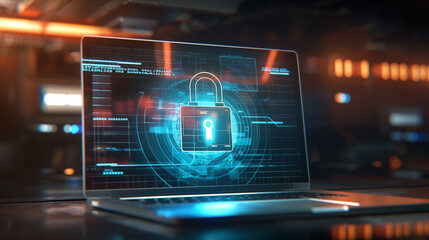 Futuristic laptop display shows holographic padlock in blue tone. Cybersecurity measures protect sensitive data with encryption and barrier graphics.