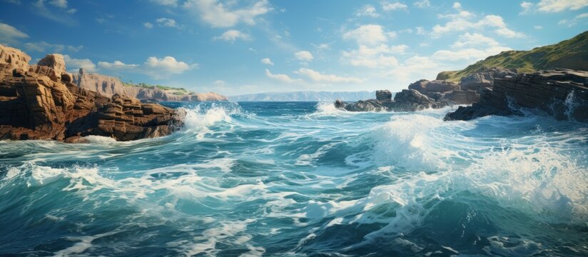 Powerful waves crashing rocks