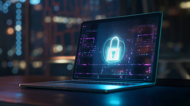 Futuristic laptop display shows holographic padlock in blue tone. Cybersecurity measures protect sensitive data with encryption and barrier graphics.