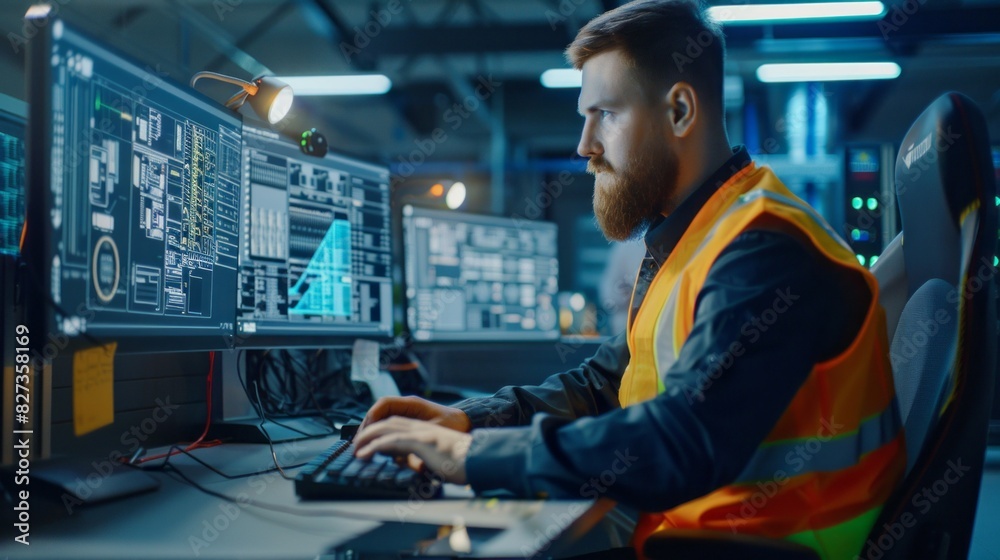 Poster A man in an orange vest is working on a computer with two monitors