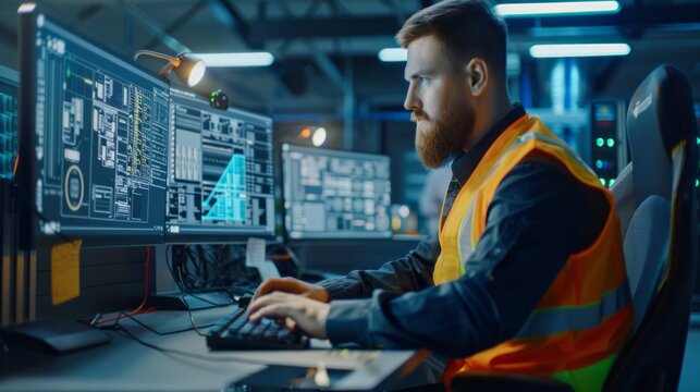 A man in an orange vest is working on a computer with two monitors