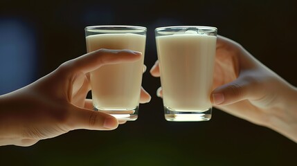 two hands clinking milk glasses,