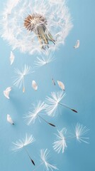 Delicate dandelion seeds dispersing on gentle breeze