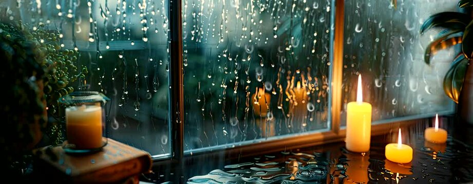 Rain falling on the window, flowing raindrops, candles, the comfortable sound of rain ASMR, books, cozy cafes and study rooms. Seamless looping time-lapse virtual 4k video animation background