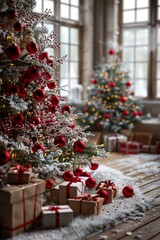 Christmas tree with red ornaments and gifts