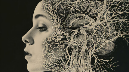 Detailed anatomical illustration of womans brain with realistic neural structures, educational and high resolution.