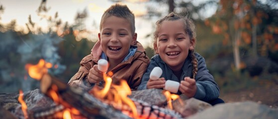 Two children are sitting next to a fire, holding marshmallows and smiling