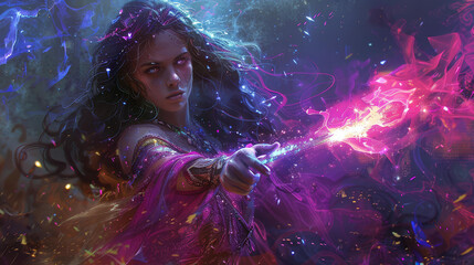 Illustration of a stunning sorceress with magical powers, beautifully detailed and vibrant.