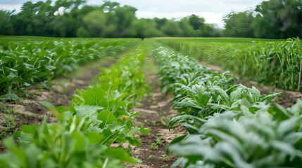 Long rows of green vegetable plants growing in orderly lines in a fertile field