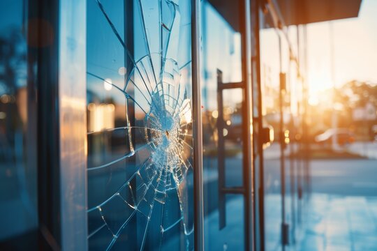 Close up of office window pane with shattered glass   vandalism or accident concept