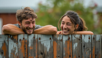 Neighbors leaning over a fence, both laughing as they share a humorous story, with copy space