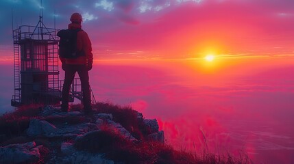 Fototapeta premium silhouette engineer standing orders for construction crews to work on high ground heavy industry and safety concept over blurred nature background sunset pastel