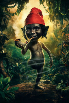 Brazilian folklore Saci Perere the Brazilian jungle-dwelling folkloric creature. Wears a red cap and smokes a pipe. One leg only. Spins in the tropical forest. Unique entity in the lush fantasy forest