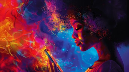 Vibrant illustration of sleek smartphone being used by beautiful woman, creating modern and connected atmosphere.