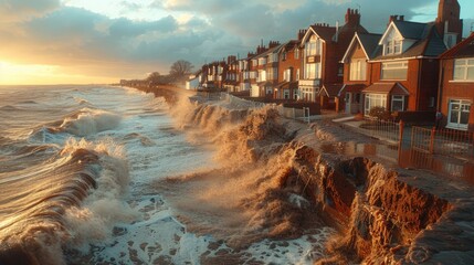 Coastal erosion threatening homes and infrastructure, showing the effects of rising sea levels and stronger storms.