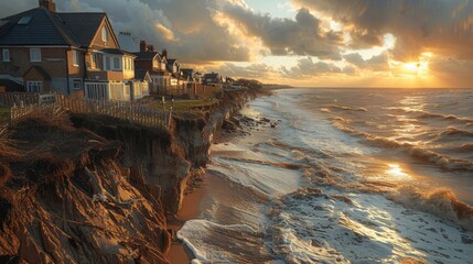 Coastal erosion threatening homes and infrastructure, showing the effects of rising sea levels and stronger storms.
