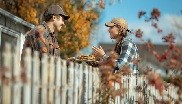 Neighbors chatting over a fence, one holding a tray of freshly baked cookies, with copy space - Powered by Adobe