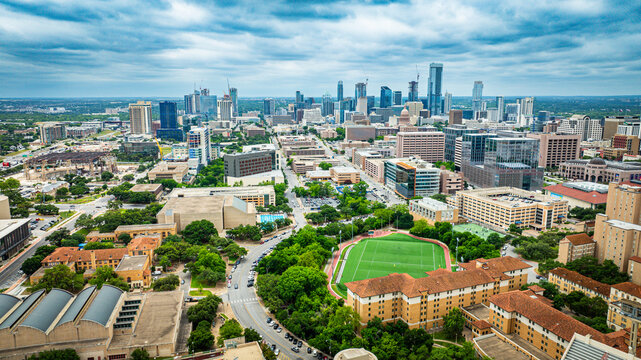 Aerial cityscape view of downtown Austin, Texas.