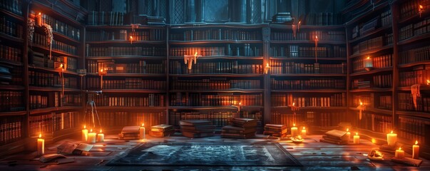 A massive ancient bookshelf filled with old books and scrolls, bathed in the warm glow of candlelight. A digital art style illustration painting in the style