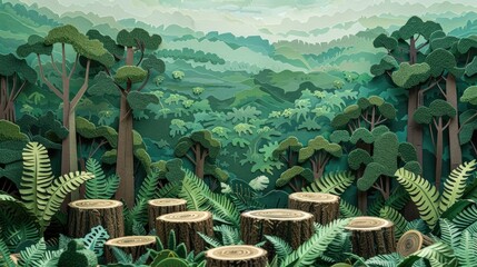 Paper cutout art of deforestation, with tree stumps and fallen trees replacing a once lush forest.