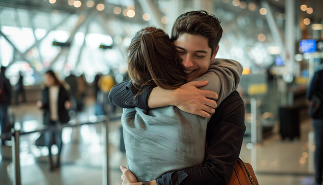A couple embracing warmly after a long separation, the airport bustling with activity around them, with copy space